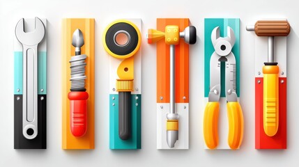 Engineering tool icon set concept. An assortment of colorful tools and equipment for home repair and maintenance
