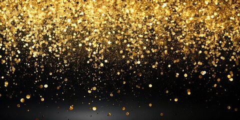 A delicate cascade of falling golden glitter foil confetti against a deep black backdrop, with intricate details and textures to capture the eye, festive, glamorous