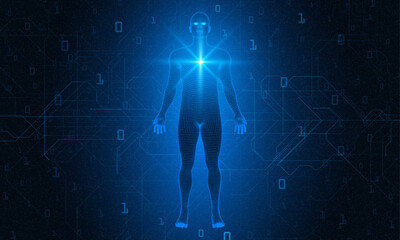 Network forming AI human face. Technology and robotics concept. Anonymous social masking. Cyber crime and security vector. Human body low poly wireframe. Concept: AI, digital technology, cyberpunk
