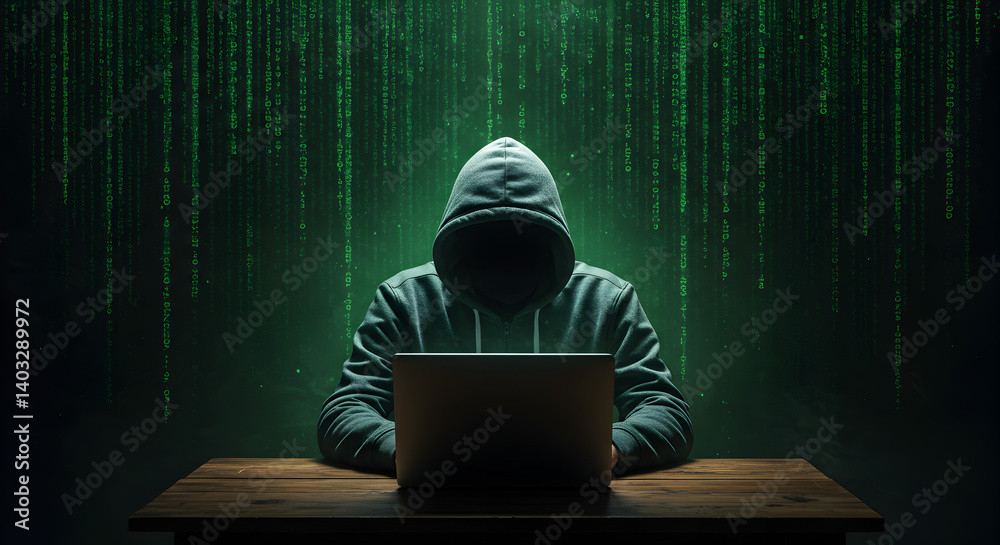 Poster silhouette of hooded hacker using laptop with falling green binary code on dark background