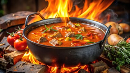 Traditional Hungarian beef goulash soup simmering in a large cauldron over an open flame , beef stew, comforting meal