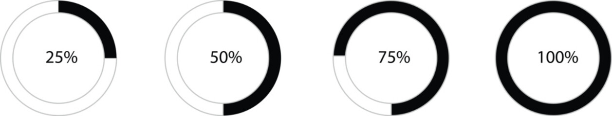 Modern Circular Progress Indicators Set – 25%, 50%, 75%, 100% Vector Illustration.
