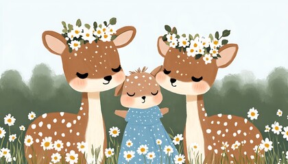 Fototapeta premium Flower Crowned Deer Family in Meadow