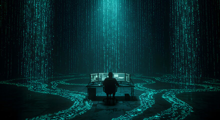 Silhouette of Hacker Working With Multiple Screens in Binary Data Streams Cyber Security