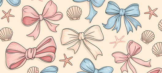 Colorful Illustrated Bows with Nautical Accents on Beige