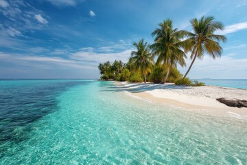 Tropical paradise: palm trees, white sand, turquoise water.