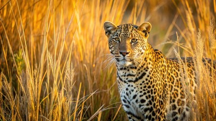 A leopard blends into the savannah grasslands, its golden fur glistening in the sunlight as it stalks prey through tall reeds and papyrus plants , predator, Africa wildlife