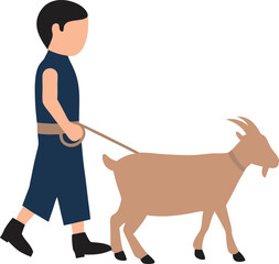 boy brings goat and cow for sacrifice on the Eid al-Adha holiday