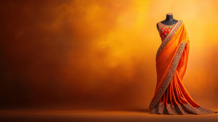 Sari of India, Elegant saree displayed against a warm, glowing backdrop.