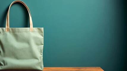 Cream tote bag on teal background. Simple mockup for design and branding. Studio shot with space for text