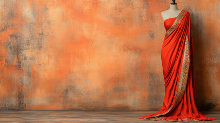 Sari of India, Elegant red saree displayed on a mannequin against a textured wall.