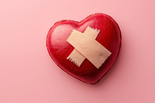 Wounded red heart with bandage on pink background - symbol of heartbreak and emotional healing.