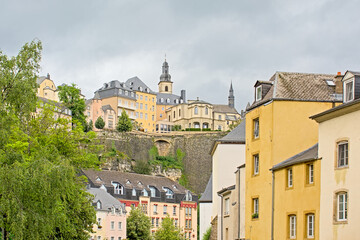 Fototapeta premium Old city walls of Luxembourg and Saint Michael`s Church in Luxembourg city