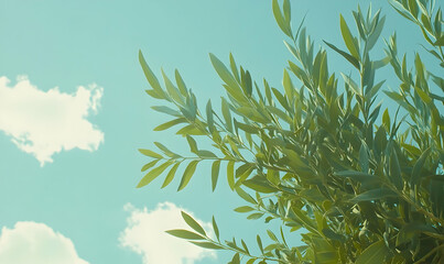 Fototapeta premium Close-up view of lush green leaves against a bright blue sky with fluffy white clouds in the background