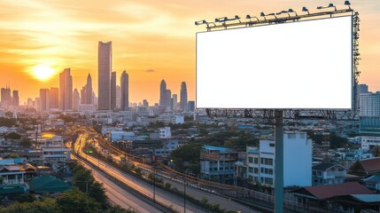 Fototapeta premium Blank white road billboard with Bangkok cityscape background at sunset. Street advertising poster, mock up, 3D rendering. Side view. The concept of marketing communication to.