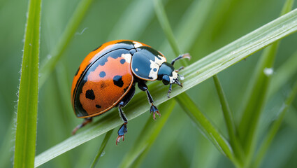 Fototapeta premium Orange Ladybug On A Blade Of Green Grass In A Meadow