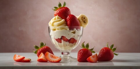 Strawberry ice cream and custard dessert in a glass bowl
