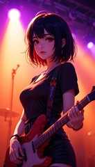 Asian Woman Playing Electric Guitar &ndash; AI Generated Illustration