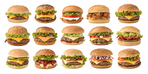 various cheeseburgers and hamburgers isolated on transparent background