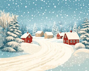 Snowy Village Scene at Night