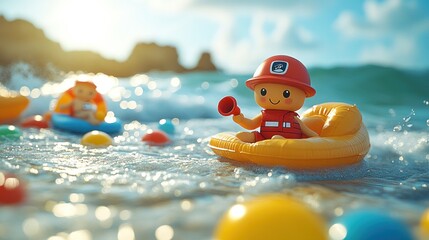 Toy lifeguard in inflatable boat on beach.