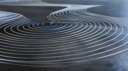 Naklejka premium Dark metallic plate deflecting iron filings in curved patterns, demonstrating invisible magnetic forces in scientific experiment. Physics education concept, electromagnetism and magnetic field visuali