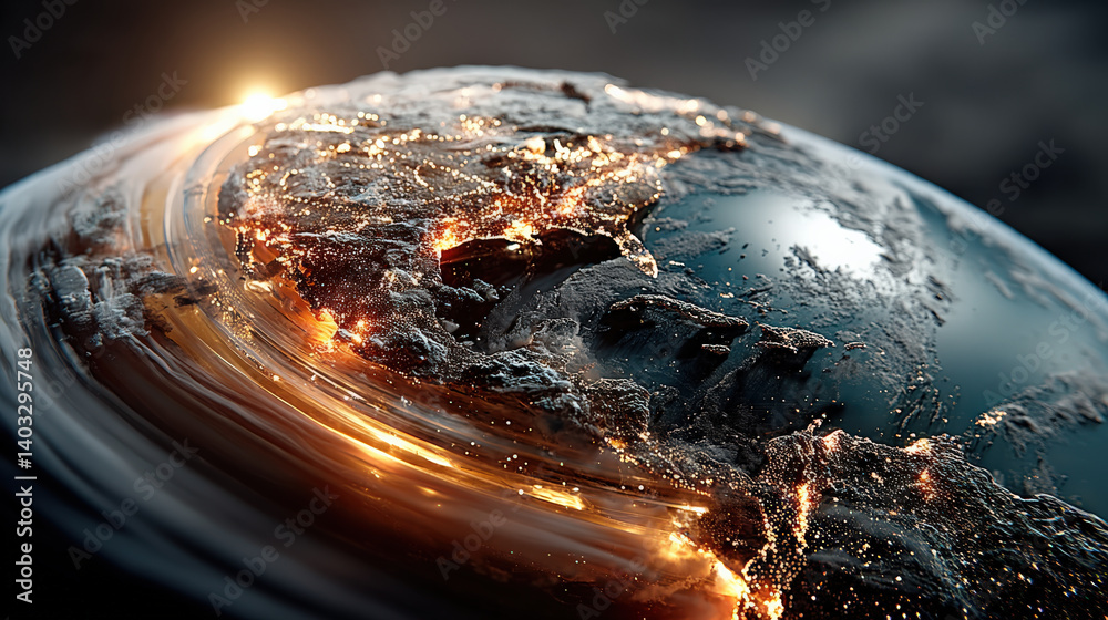 Poster glowing, abstract Earth with spinning weather layers and illuminated continents creates dynamic and futuristic atmosphere. vibrant lights suggest bustling cities and energy