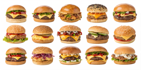 various cheeseburgers and hamburgers isolated on transparent background