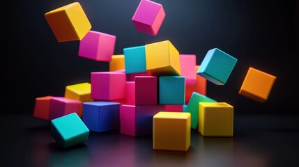 Obraz premium Colorful cubes scattered dynamically on a dark surface, creating a playful and vibrant scene