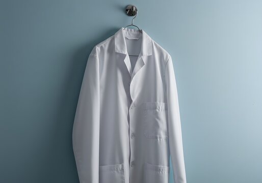White lab coat hanging on light blue wall