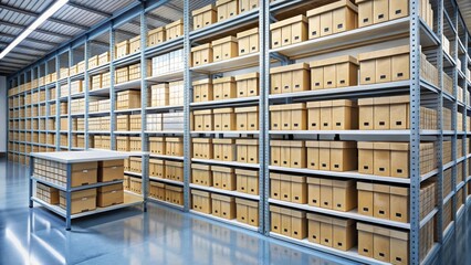 Organized filing area with rows of labeled storage boxes on metal shelving units, workspace efficiency, storage solutions