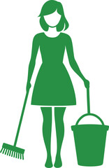 Green Silhouette Cleaning Vector Illustration with Broom and Bucket – Minimalist Housekeeping Graphic for Professional Hygiene Services
