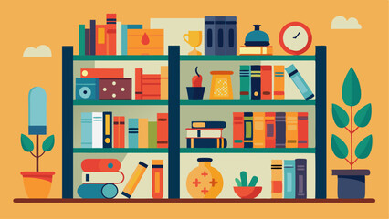 Naklejka premium A set of floortoceiling bookshelves filled with a mix of vintage and modern knickknacks and books.