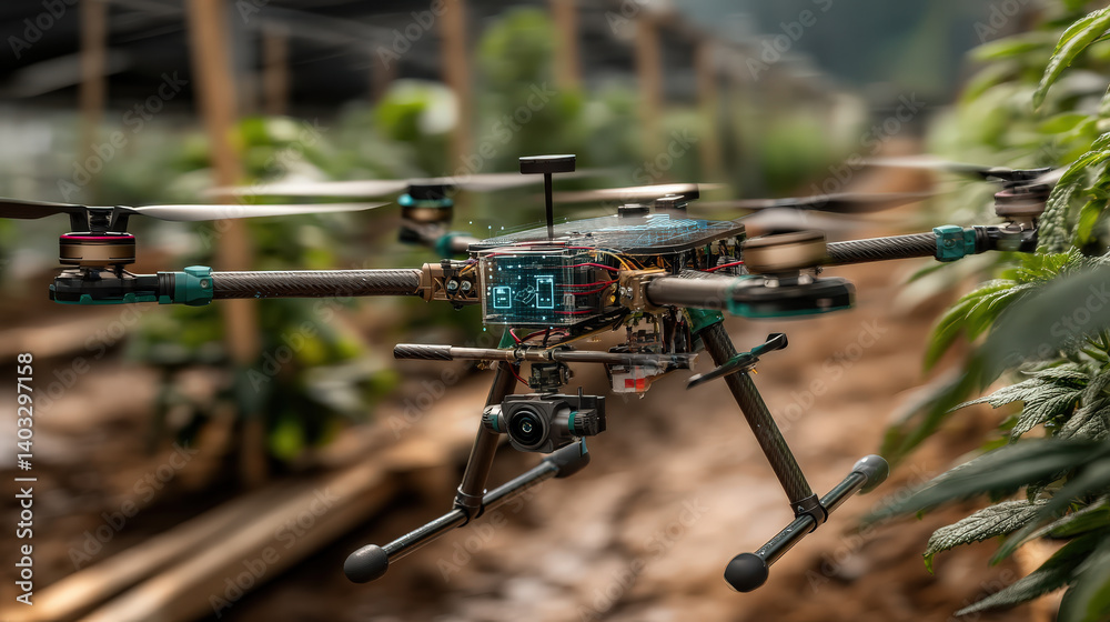 Aufkleber drone equipped with advanced technology hovers over lush orchard, showcasing ai driven growth monito