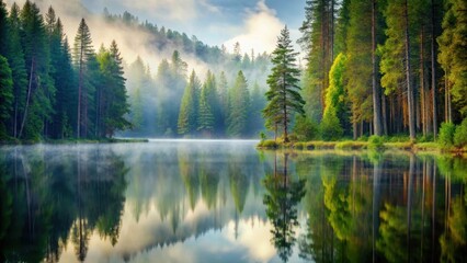 Obraz premium Serene misty forest with tall trees and a calm lake in the background, mist, trees, mist, trees, nature views