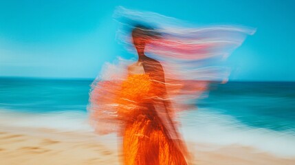 Woman, orange dress, beach, motion blur, ocean background, fashion
