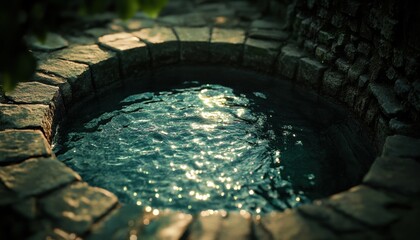 Stone-lined well reflecting the ambient light.