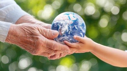 Naklejka premium Elderly man's hands gently holding the Earth planet and passing it to a young child against nature background with green bokeh lights. Concept of World Environment Day