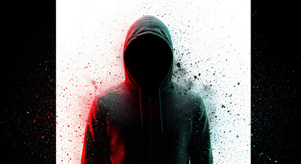 Silhouette in Hoodie Digital Pixel Art Hacker Concept with Red and Blue Glitch Effect on White and Black Background