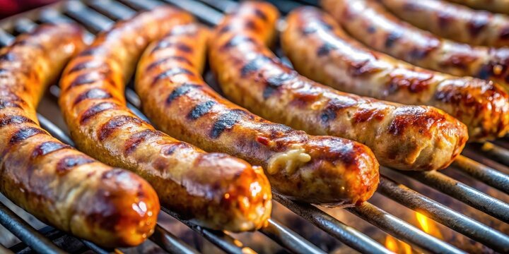 Close-up of hot Italian sausage links on a grill, sizzling and crackling as they cook , close up