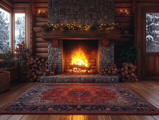 cozy winter cabin interior warm glowing fireplace rustic wooden textures inviting soft ambient lighting comfortable atmosphere 