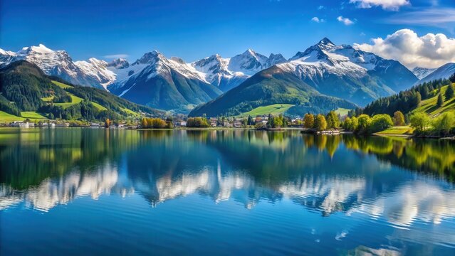 Panoramic view of the Alps in Zell am See District, with snow-capped mountains and serene lake in the foreground , outdoor adventure, lake scenery - Powered by Adobe