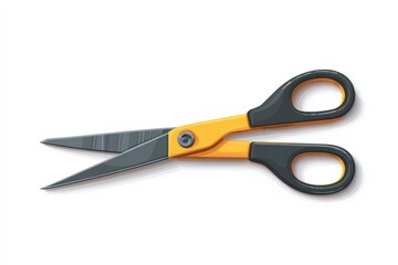 Sharp scissors with black and orange handles.