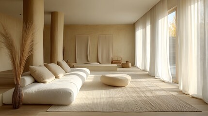 minimal living room, soft beige backdrop, white curtains, modern furniture, relaxing tone,
