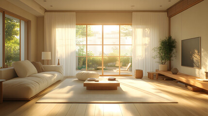 Fototapeta premium minimal living room, soft beige backdrop, white curtains, modern furniture, relaxing tone,