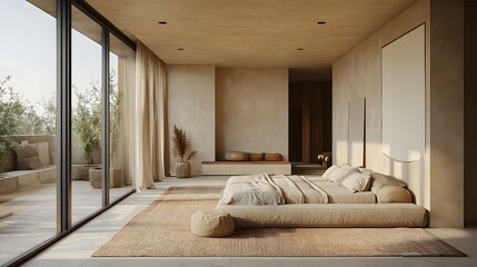 interior with soft beige wall finish, soft textures, minimal layout, warm-toned room,