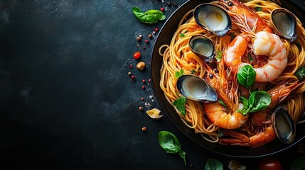 Seafood pasta dish, vibrant and delicious