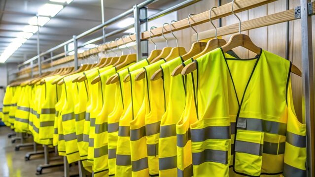 Protective yellow vests hanging on matching hangers in a storage room