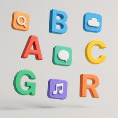 3D alphabet letters and app icons floating on gray background