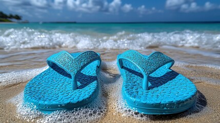Fototapeta premium Aqua Flip-Flops on a Tropical Beach